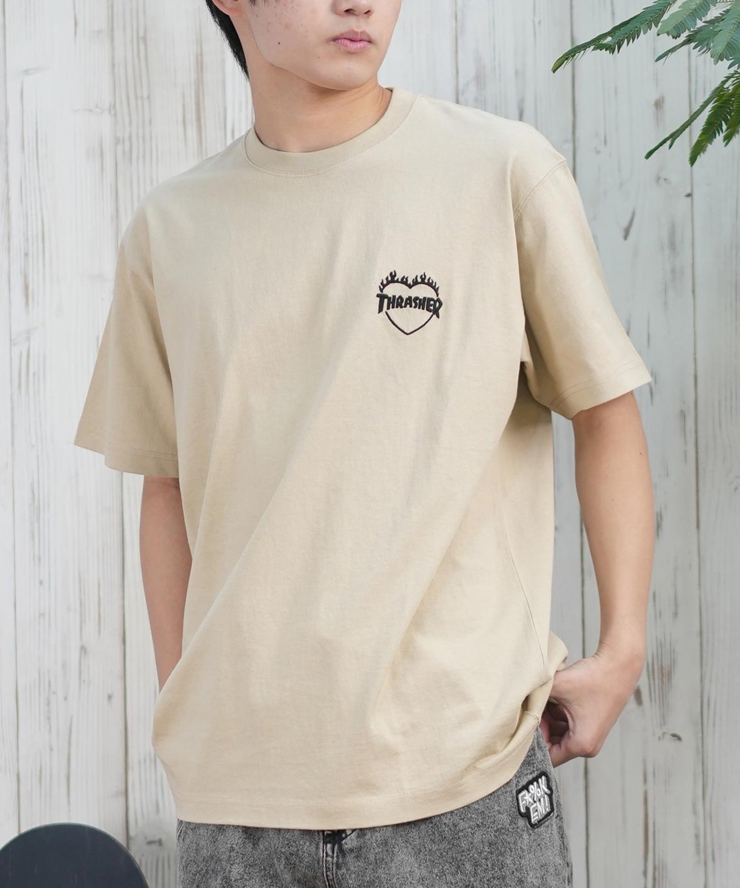 THRASHER スラッシャー 半袖 Tシャツ メンズ フロント刺繍 オーバーサイズ 252TH1ST040 ムラサキスポーツ限定(BEG-S)