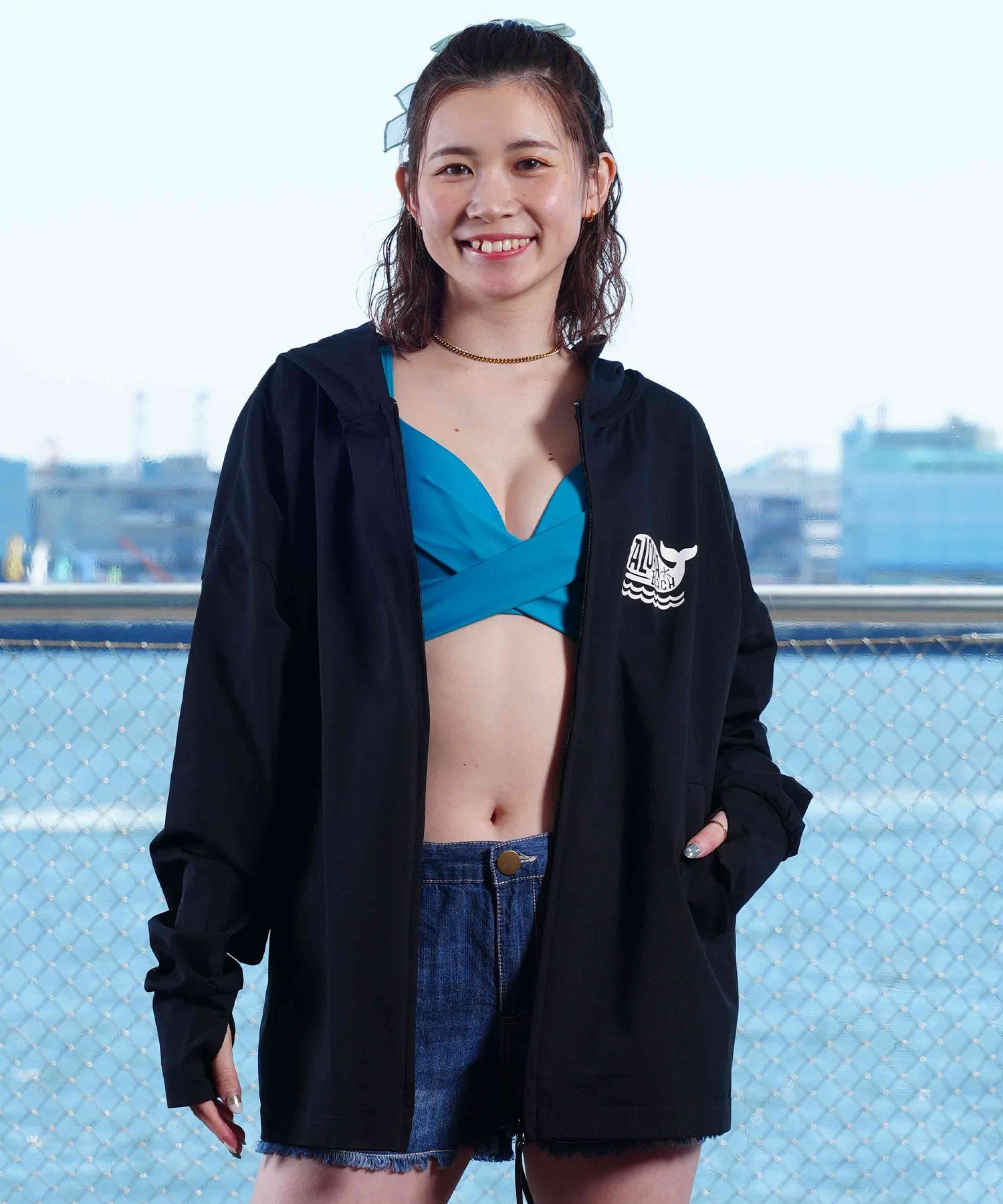 HULALANI フララニ レディース ラッシュガード パーカー 長袖 ジップアップ 水陸両用 ユーティリティ UVカット 243HU2PK011 ムラサキスポーツ限定(WHT-M)
