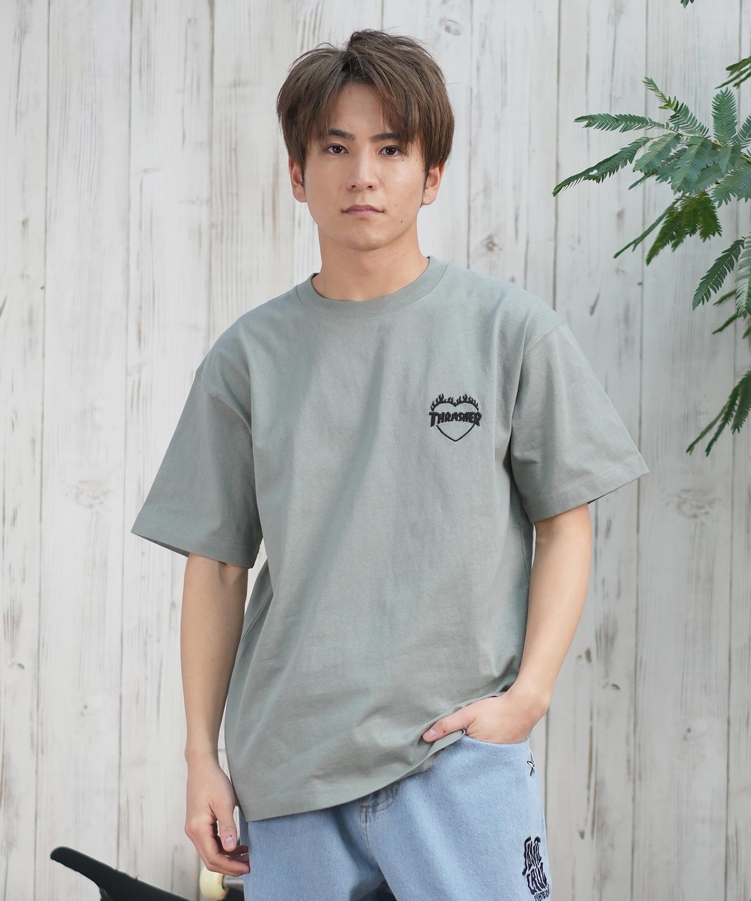 THRASHER スラッシャー 半袖 Tシャツ メンズ フロント刺繍 オーバーサイズ 252TH1ST040 ムラサキスポーツ限定(WHT-S)